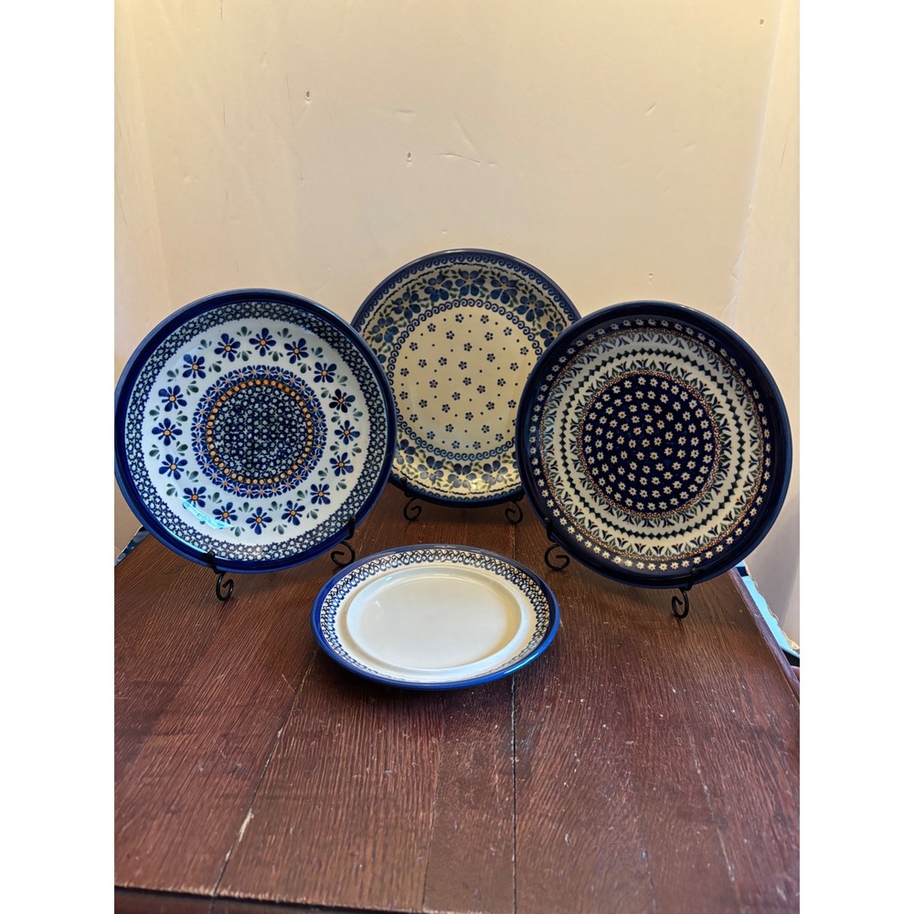 Polish Pottery Boleslawiec Unikat Plates‎ Set 4 Hand Painted Floral Blue White